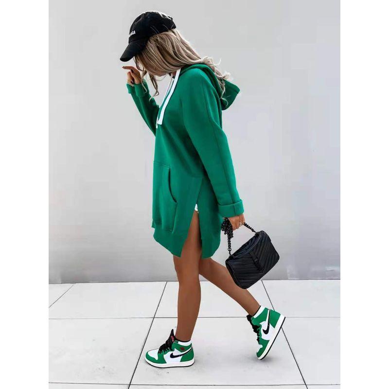 New Fall Women's Clothing Fashion Wind Street Easiest for Match Long Sleeves Pure Color Hooded Tops Split Mid Length Long Length Pocket Sweatshirt