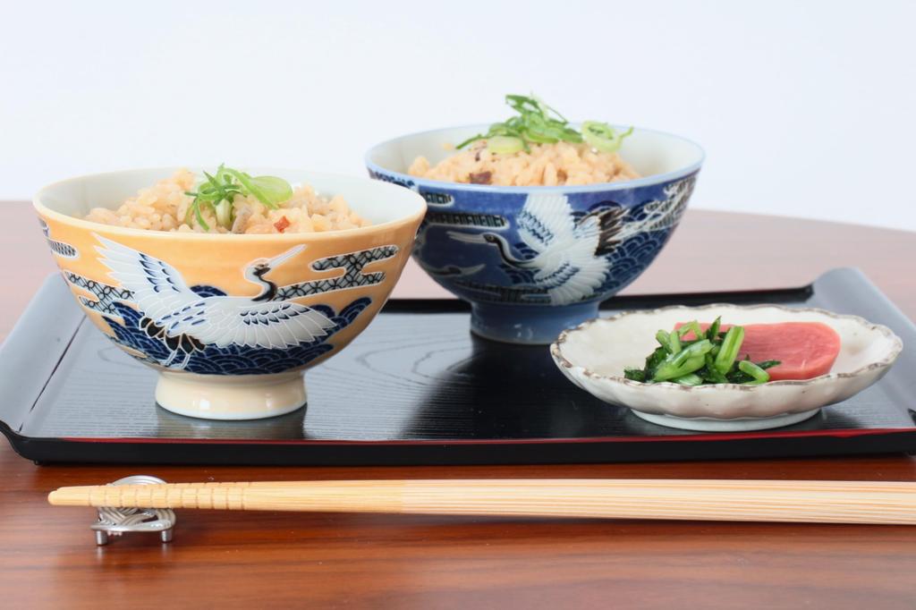 Mino Ware Pair of Rice Set of Made in Crane Blue MIG013 Bowls, 2, Medium-Sized, Japan, Design, & Orange,