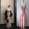 Summer Waist Skirt Temperament a Word Long Skirt French Vacation Style Pink Floral Suspender Dress Women