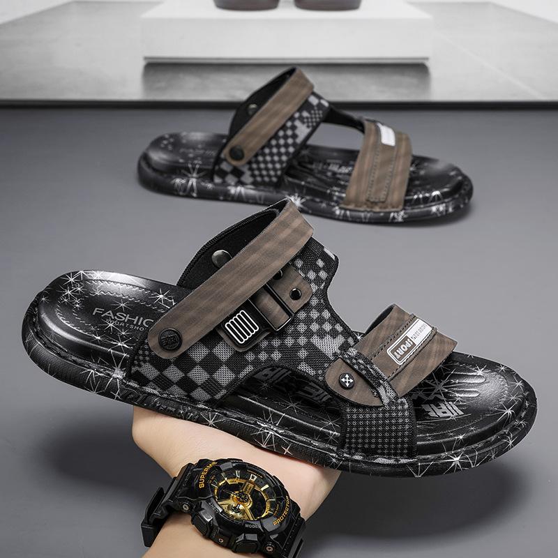 

Модные мужские пляжные сандалии, модная клетчатая дышащая повседневная обувь, летние новые молодежные тапочки для мужчин, два способа плетения 43 коричневый