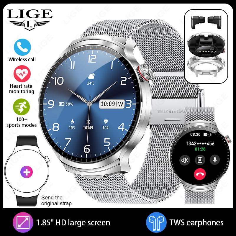TWS 2 In 1 Headset Smart Watch 1.85" HD Wireless Bluetooth Calling Health Monitor Sports Fitness Watches With Headphones