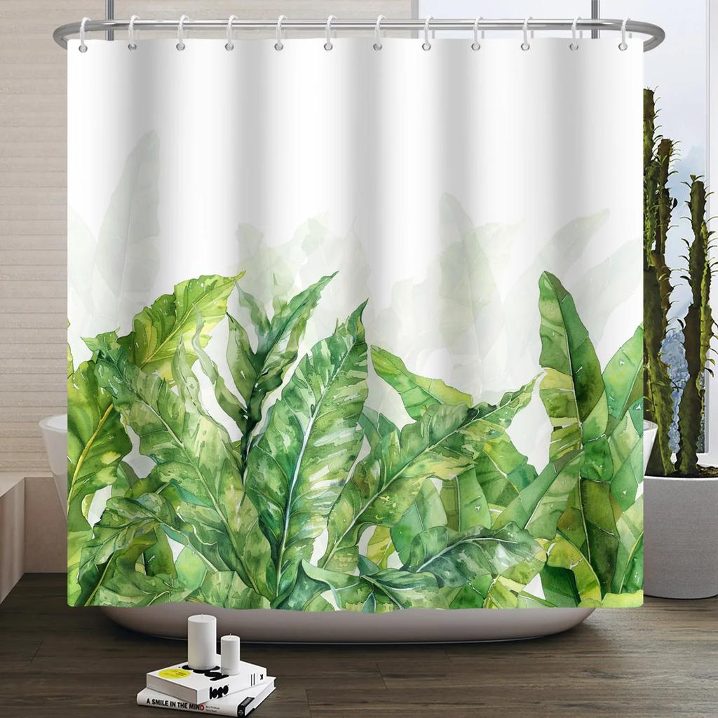 Green Eucalyptus Shower Curtain Watercolor Plant Leaves Bathroom Decoration Waterproof White Fabric Bath Curtain With 12 Hooks