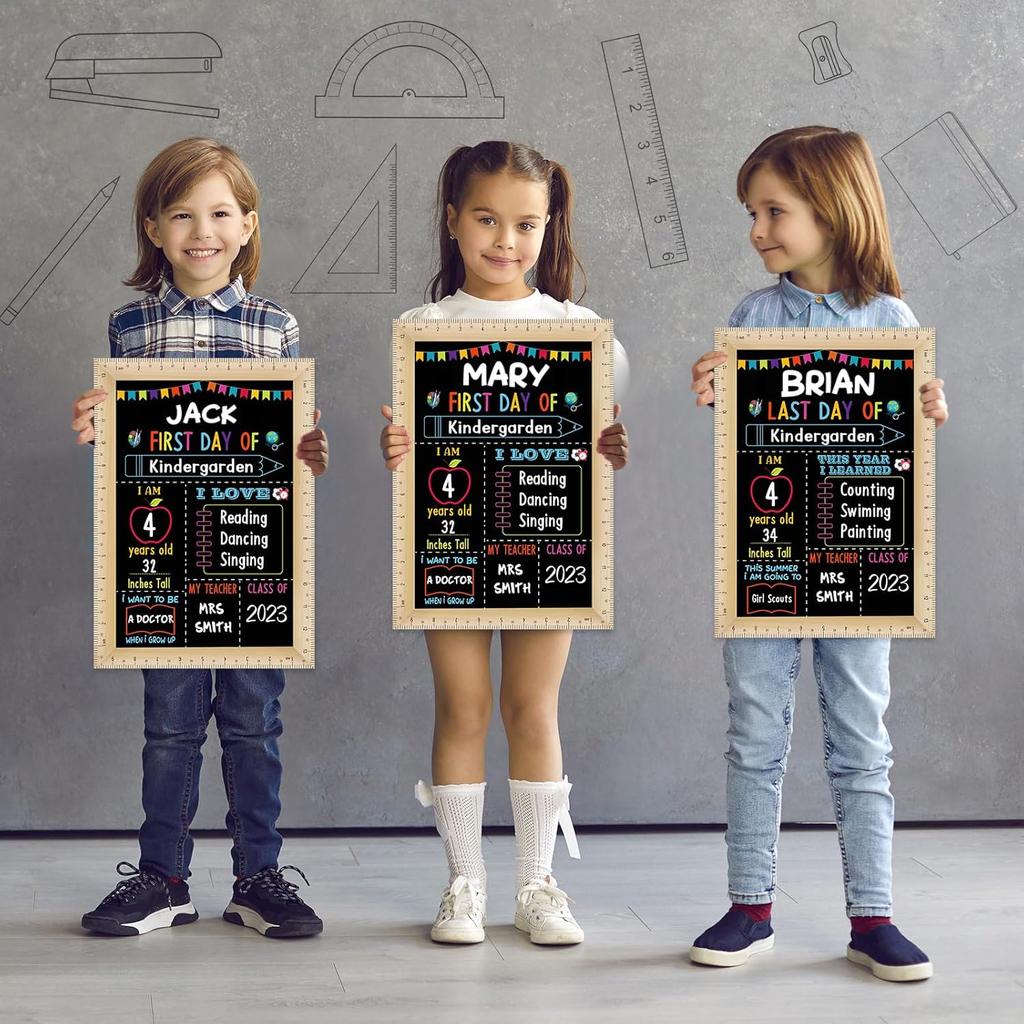 Pajean First and Last Day of School Board Sign Chalkboard with Ruler Frame Printing, Reble Back to School Board Wooden Double Sided Photo Prop, 14 x