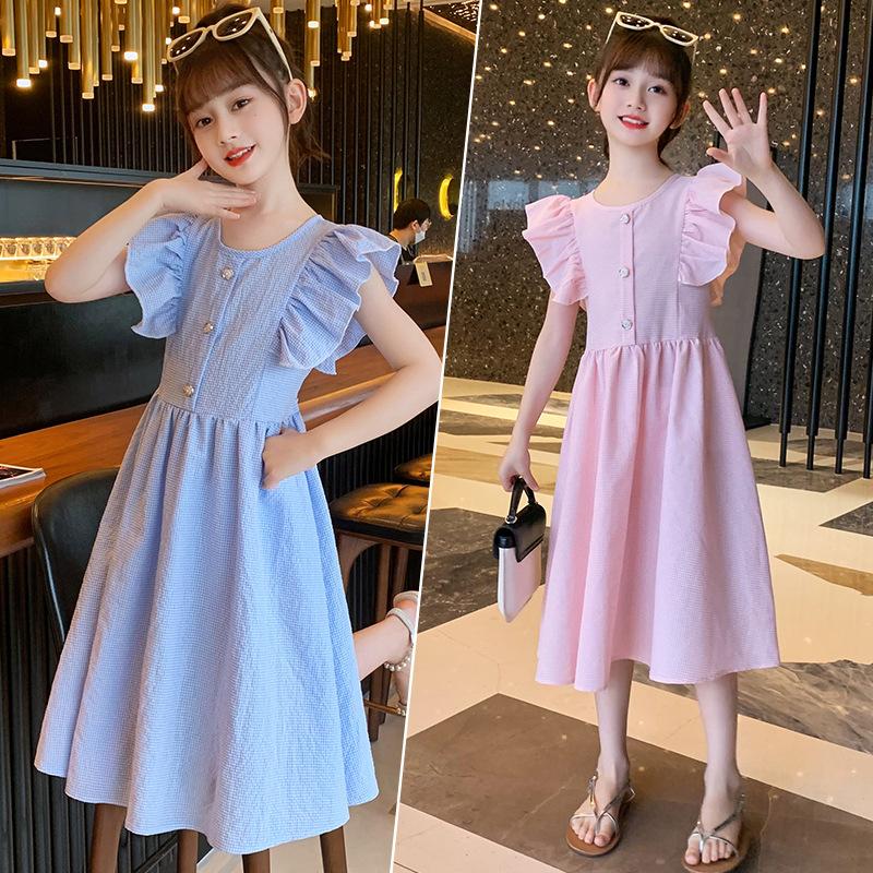 Children's New Summer Cotton Pastoral Style Dress Plaid Fragrance Style Flying Sleeves and Flying Edge Princess Long Skirt
