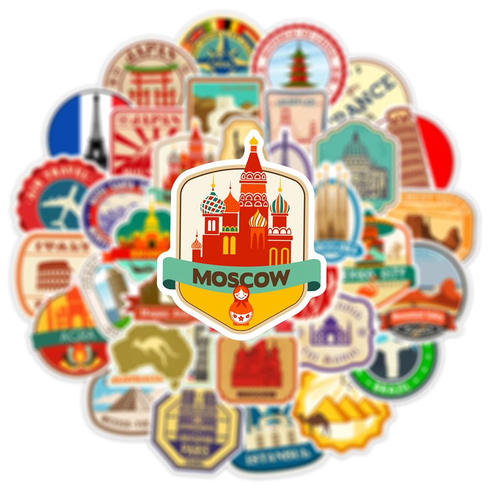 10/30/50pcs Retro World Travel City Landmark Stickers Cartoon Landscape Decals DIY Water Bottle Phone Luggage Sticker Decoration