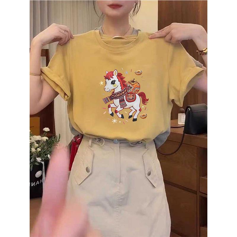 Women's 2026 Pure Cotton Short-Sleeve T-Shirt, Fashionable Red Top, Versatile Base Layer for Spring, Summer, Autumn