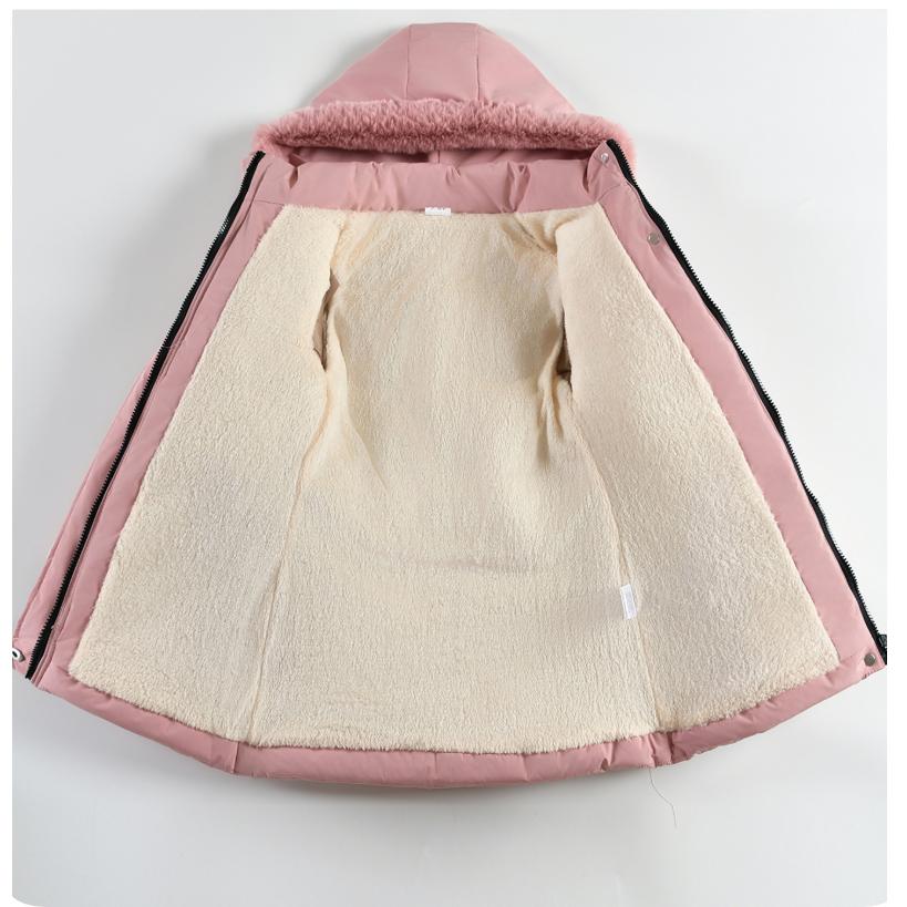 Winter Girls' Mid-length Cotton-padded Jacket, Western-style Heart-shaped Rhombic Pattern Cotton-padded Coat, Fur Collar, Hooded Jacket