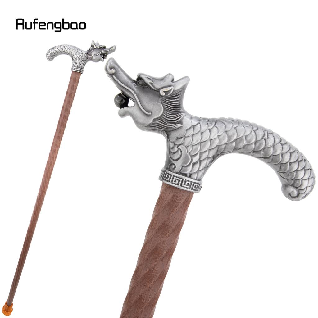 Silver Dragon Wooden Single Joint Fashion Walking Stick Decorative Cospaly Cane Halloween Mace Crutch Wand Crosier 95cm