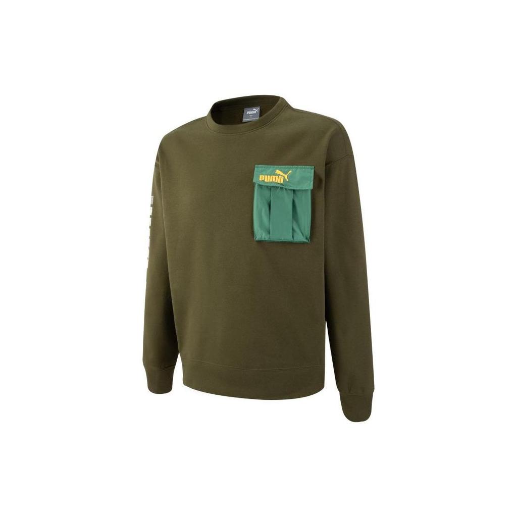 Puma Logo Print Pocket Crew Neck Pullover Sweatshirt Men Tops Military-Green 539699-23