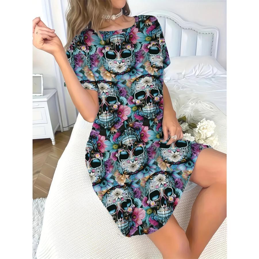 Women's Christmas Pajama Dress Short Sleeve Dress Costume with Reindeer Snowflake Tree Print Y2k Ladies Clothes Female Clothing