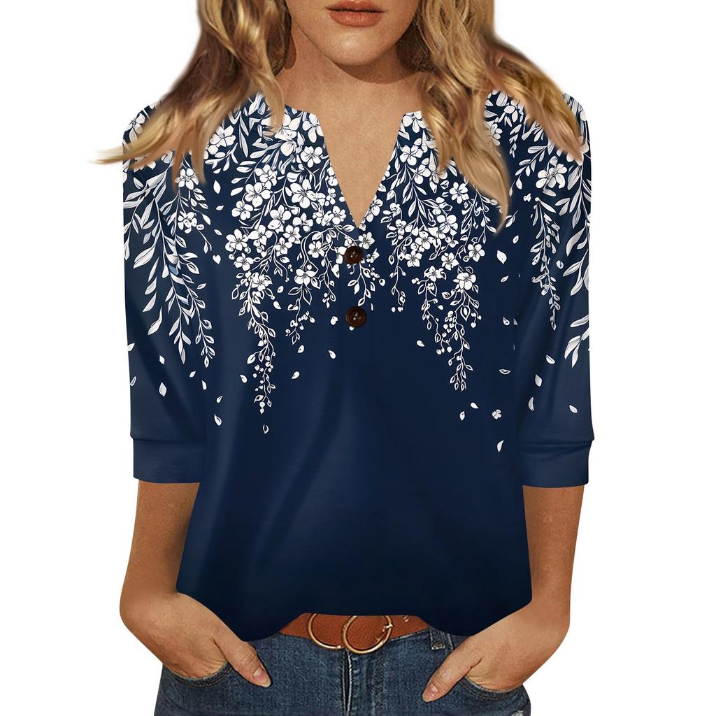 Women's T Shirt Print Button 3/4 Sleeve Daily Weekend Fashion Basic V- Neck Regular Top