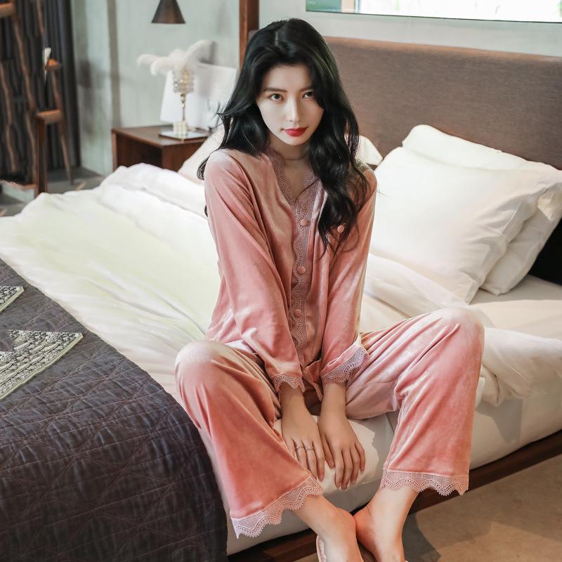 Women's Golden Velvet Lace Pajama Set - Long Sleeve, Autumn/Winter Style, Sexy Homewear.