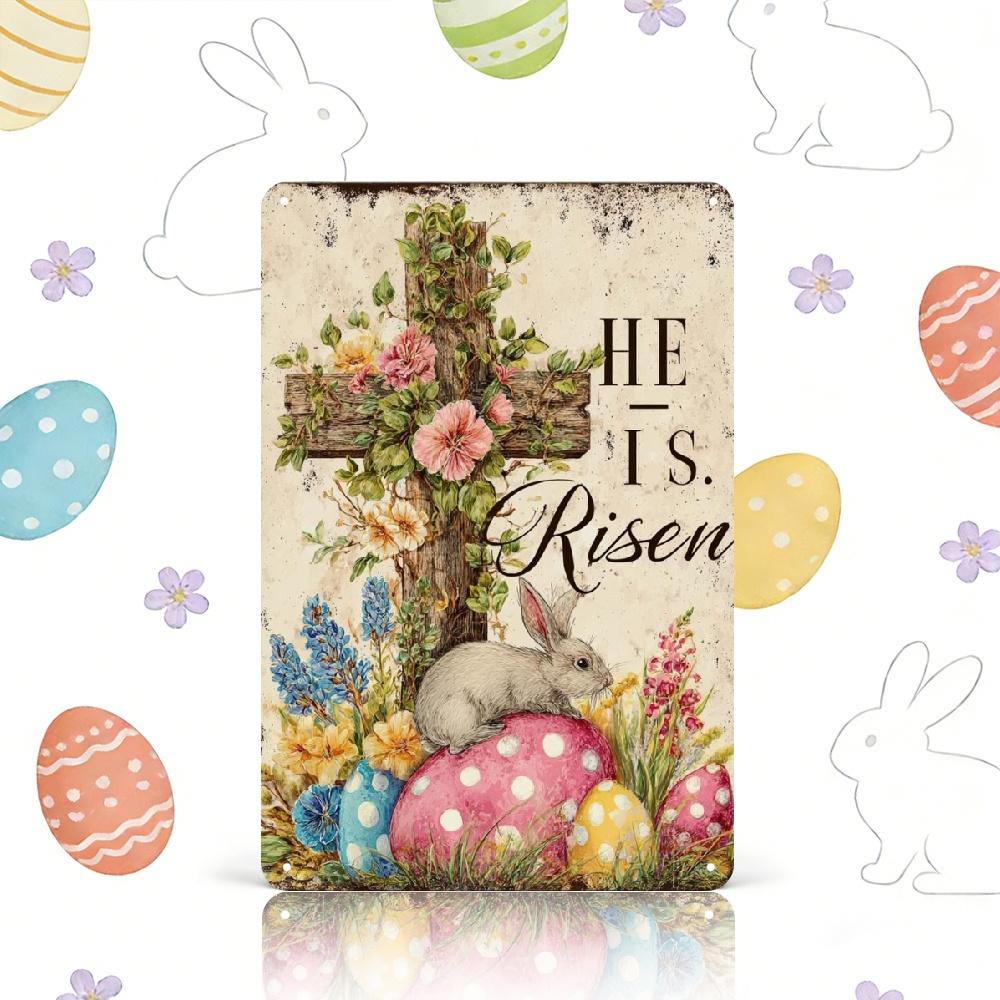 Vintage Flat Rabbit Sign  He Is Risen  Retro Easter Metal Poster Decor for Home Farmhouse Living Room Bedroom
