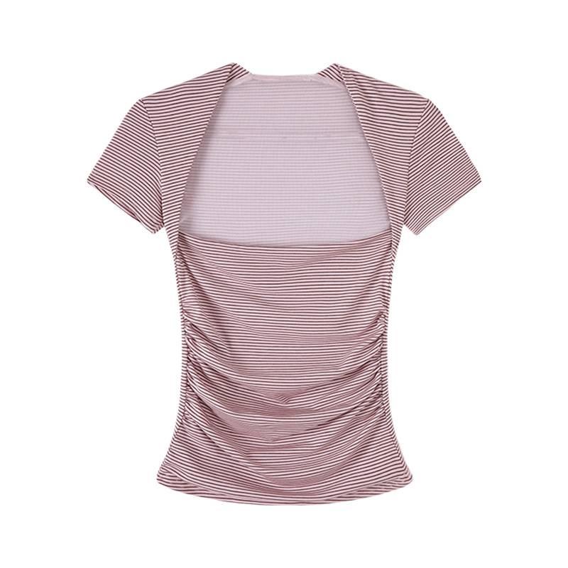 In Stock: Hot Girl Sexy Striped Wide Neck Ruched Cropped T-shirt, Summer 2026 New Arrival