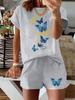 Women's Summer Casual Fashion Butterfly Pattern Printed Loose+round Neck Short Sleeved T-shirt+loose Shorts Two-piece Set