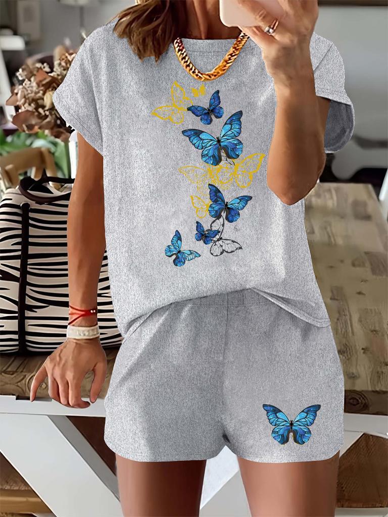 Women's Summer Casual Fashion Butterfly Pattern Printed Loose+round Neck Short Sleeved T-shirt+loose Shorts Two-piece Set