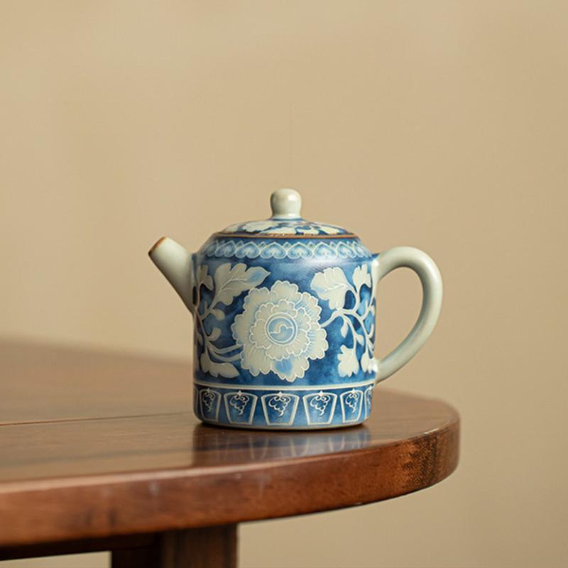 

Китайская керамическая чайная церемония Ру Килн Ручная работа Цветочный узор Фильтр-шарик Чайник Домашний Красивый чайник Дорожный набор для чая 150 мл
