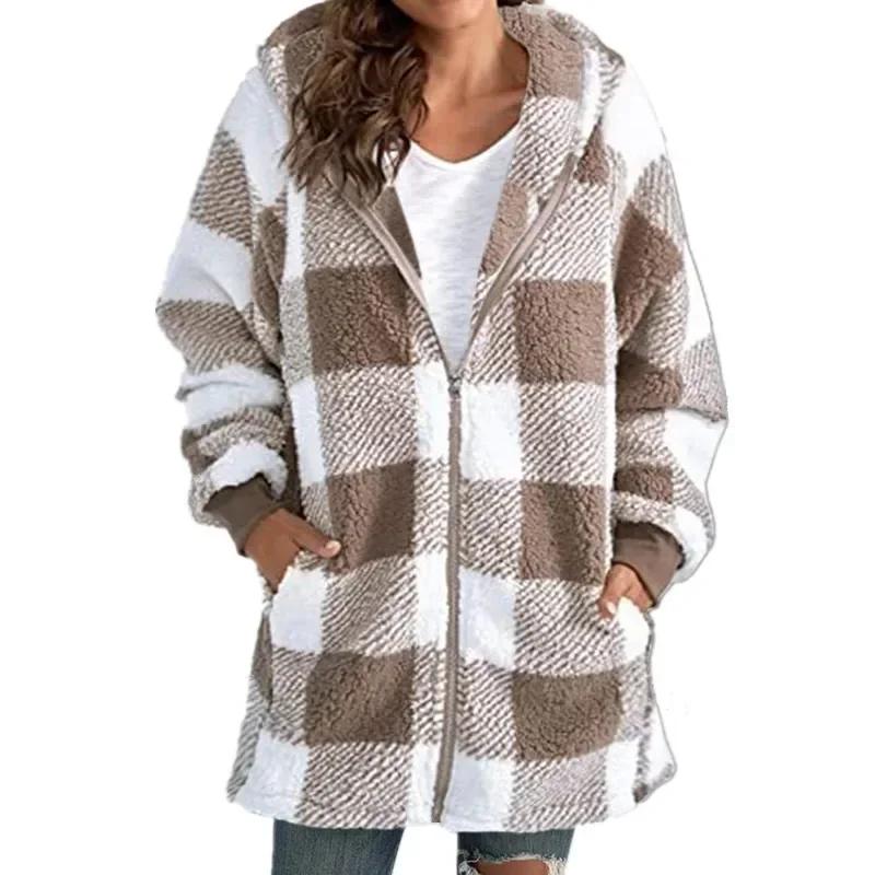 Winter Coats Woman Polar Fleece Long Sleeve Outerwear Loose Pocket Zipper Hooded Fashion Streetwear Autumn Winter Overcoat