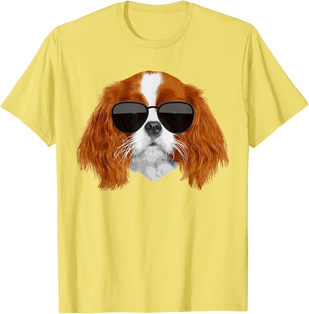 Cool Cavalier King Charles Sunglasses Dog Lover Graphic T-Shirt Soft Cotton Round Neck Tee