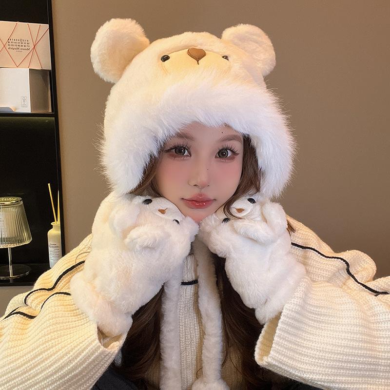 Cute Plush Gloves and Hats for Women  Autumn and Winter Ear Protecting Hats for Cycling To Keep Warm  Thickened Little Bear  Lei Feng Hat Trend