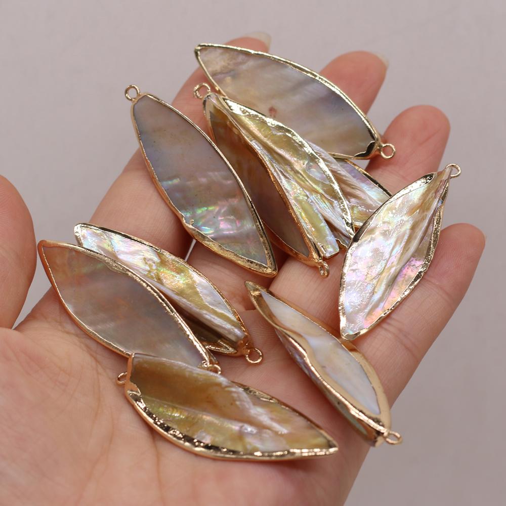 3Pcs, Natural Shell Pendant, Boho Handmade Golden Leaves Charms, for DIY Necklace Accessories, Jewelry Creative Making, Unique Unisex Crafts 1.5×5cm