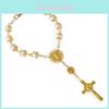 Elegantes Gold- und Silber-Spitzen-Glas-Imitationsperlen-Rosenkranz-Armband mit Kreuzanhänger