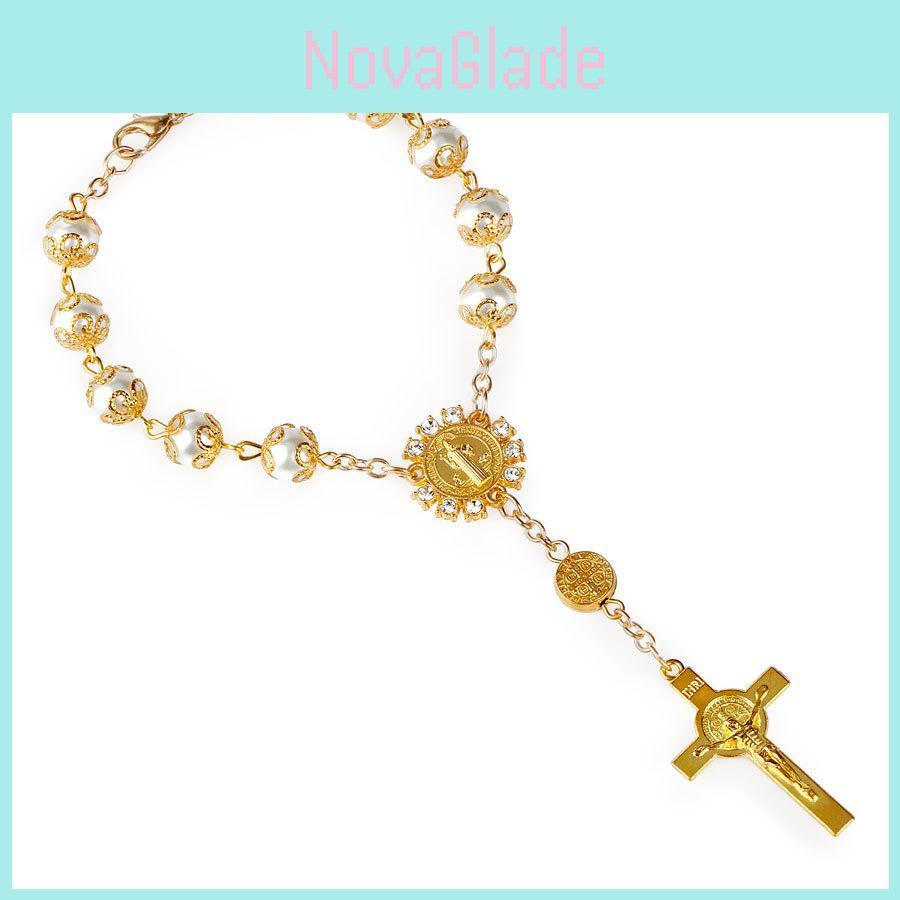 Elegancka Złota i Srebrna Koronkowa Imitacja Szkła Perłowa Różana Bransoletka Różaniec Z Krzyżem
