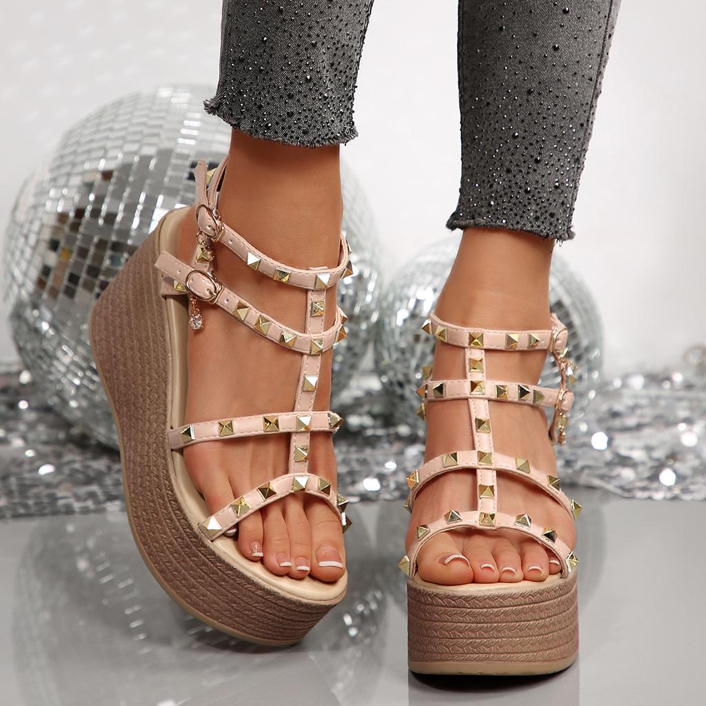 Fashion 2025 New Women Sandals Casual Roman Wedge Luxury Shoes Thick Sole High Heels Shoes Women Rivets Open Toe Platform Sandals Women