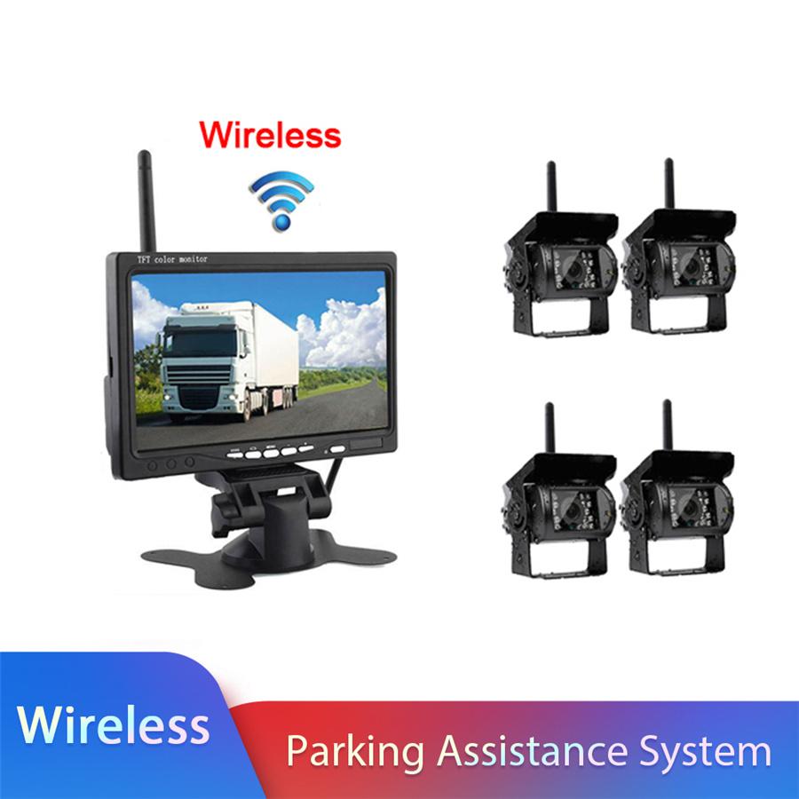 Wireless 4 Backup Cameras IR Night Vision w/ 7" Monitor for RV Truck