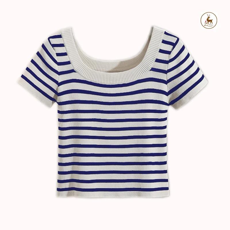 Letni damski prążkowany kwadratowy dekolt dzianinowy crop top
