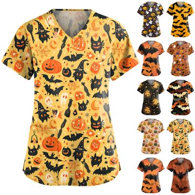 Women's Fashion V-Neck Short Sleeve Overalls With Pockets Halloween Printed Tops  Apparel