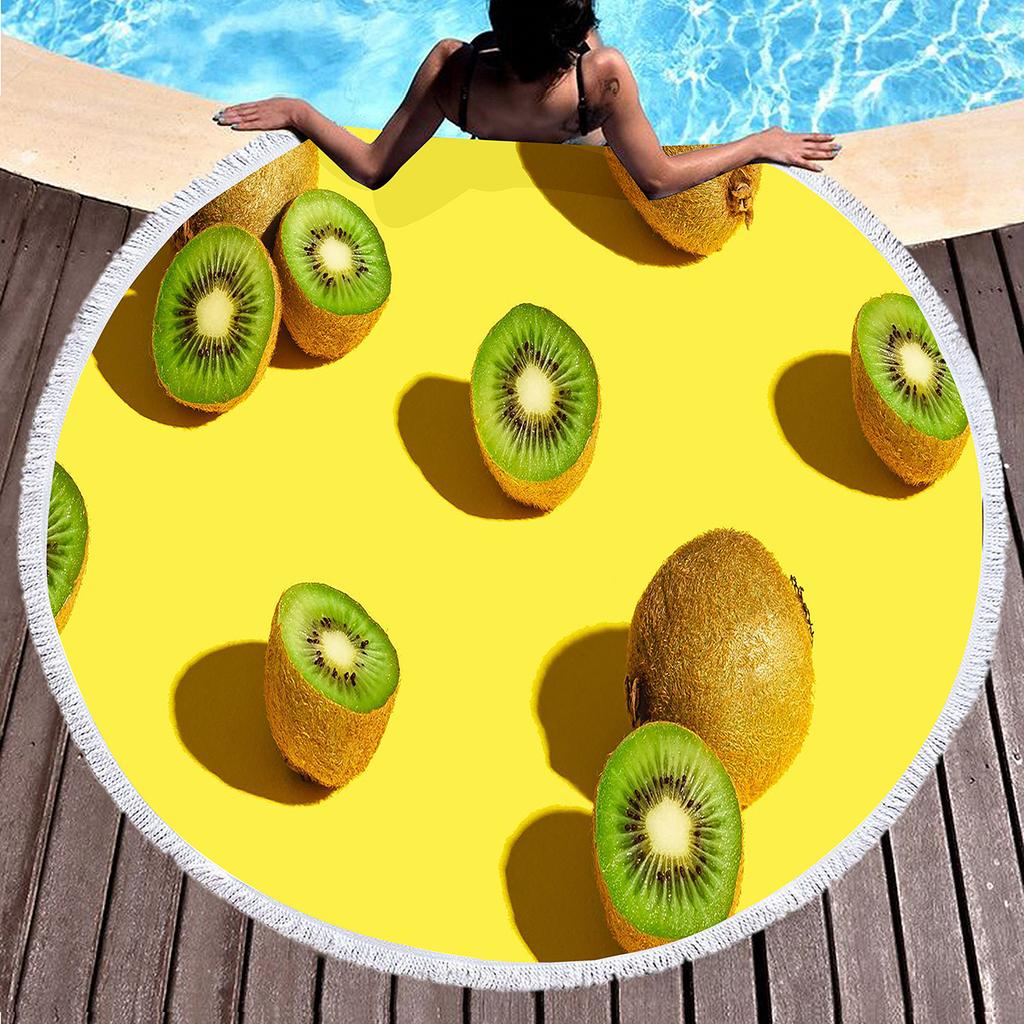 Tropical Fruit Green Kiwi Round Beach Towel Microfiber Soft Beach Blanket Quick Dry Sand Free Multi-Purpose Circle Bath Towel