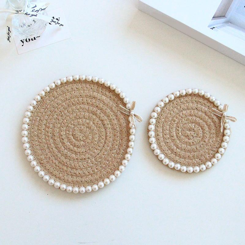 12cm*12cm Bowknot Chic Multiple Colors Ornament Pearl Handmade Cotton Rope Creative Coffee Cup Pad Home Table Decor Accessories