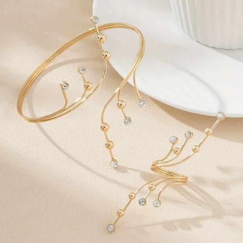 Vintage Exaggerated Leaf Bracelet Spiral Opening Adjustable Ring Set For Women Gold Color Metal Zircon Bangle Party Jewelry Gift