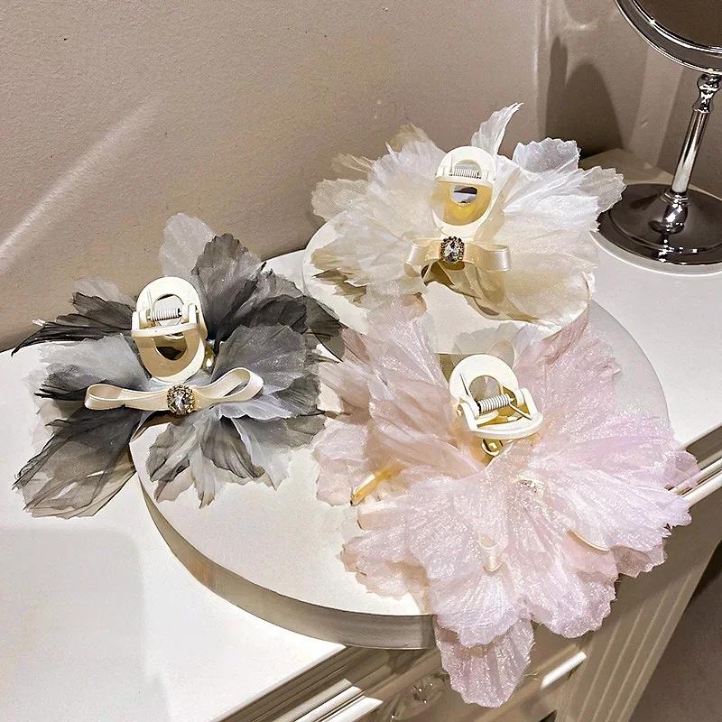 Women Fashion Diamond Inlaid Fairy Gauze Bow Acrylic Hair Clip Korean Cute Temperament Hair Accessories Girl Heart Accessory