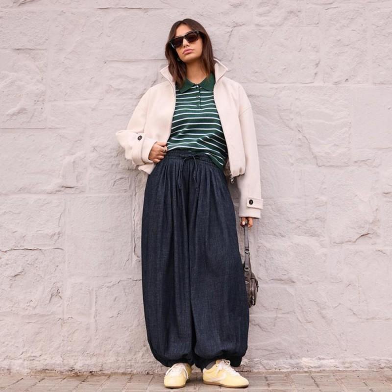 Womens Loose Fit Bell Bottom Jeans Pants Blue Elastic Waist Casual Vintage Style 2026
