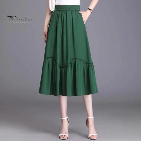 Damen Midirock, elastischer hoher Taillen-A-Linien-Langer Rock mit Taschen, einfarbig, dünner Stil, schlankmachender Designrock