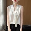 Spring and Summer New Style Smooth V-Neck Ribbon Sleeveless Backless Blouse for Women - Pure Color Pullover Design Top
