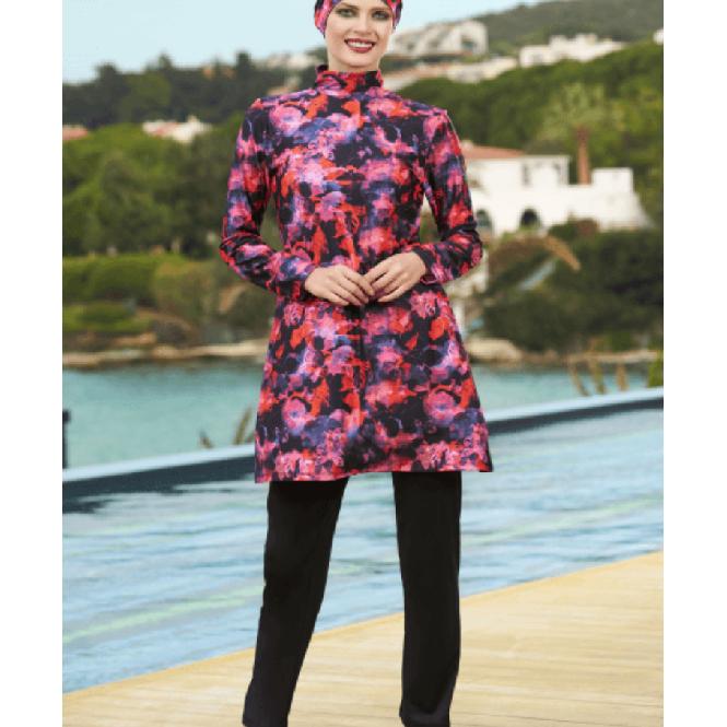 

Элегантный серый простой купальник-буркини из двух частей для мусульманок с цветочным принтом в полоску для отдыха на море, полный комплект купальника, пляжная одежда (без 5XL чёрный