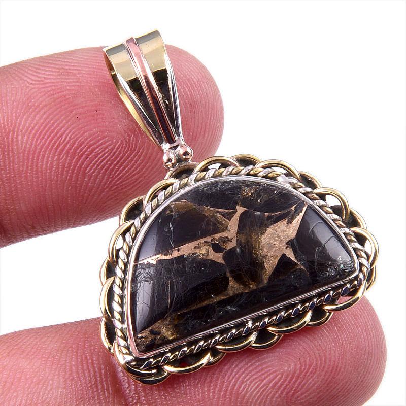 

Natural Black Copper Turquoise 925 Solid Silver Gift TwoTone Pendant 1.25 Z6P15