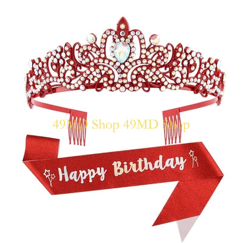 49MD 2pcs Birthday Party Crystal Tiaras and Sash Set for Women Fashion Hair Accessory