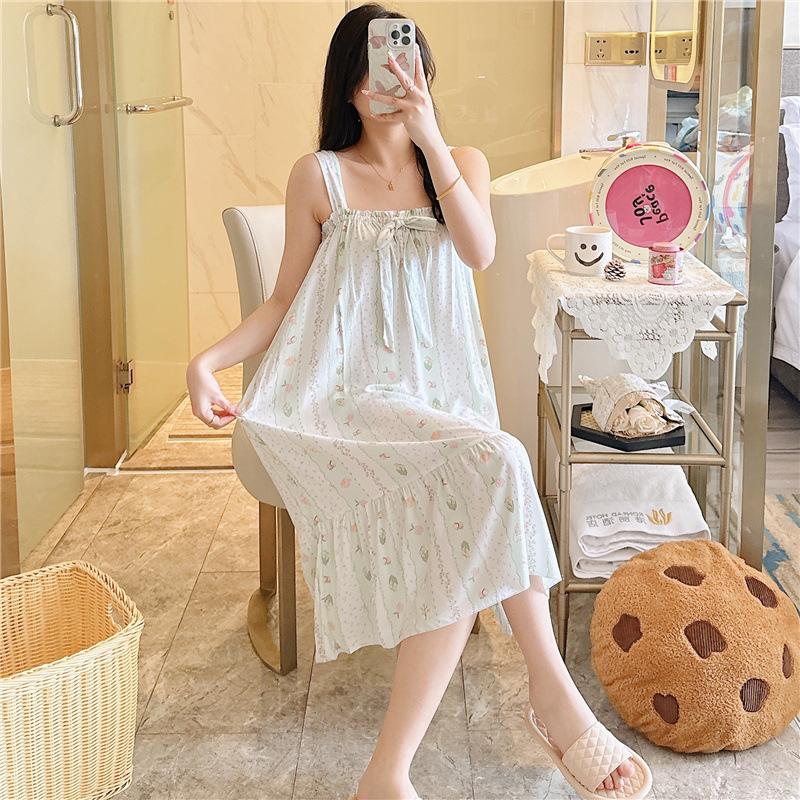 Cotton Nightdress Women'S Summer Thin Pajamasspring And Autumn Cotton Korean Cute Casual Print Dress Loungewear