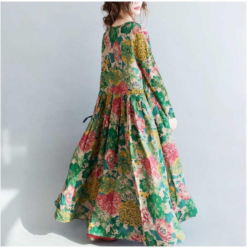 Damen Langer Rock Retro Große Blume Übergroß Schwingend Bodenlanges Kleid