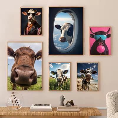1pc Hot Abstract Interesting Funny Cute Cow Swimming Bath Poster HD Posters Home Room Bar Cafe Decor Art Wall Painting Picture