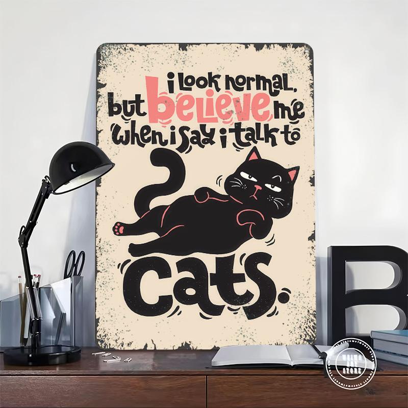 Lustige sprechende Katze Metallposter Individuelle Wandkunst Retro Vintage Blechschilder für Gamer Dekoration Zimmer Kaffee Bar Zubehör