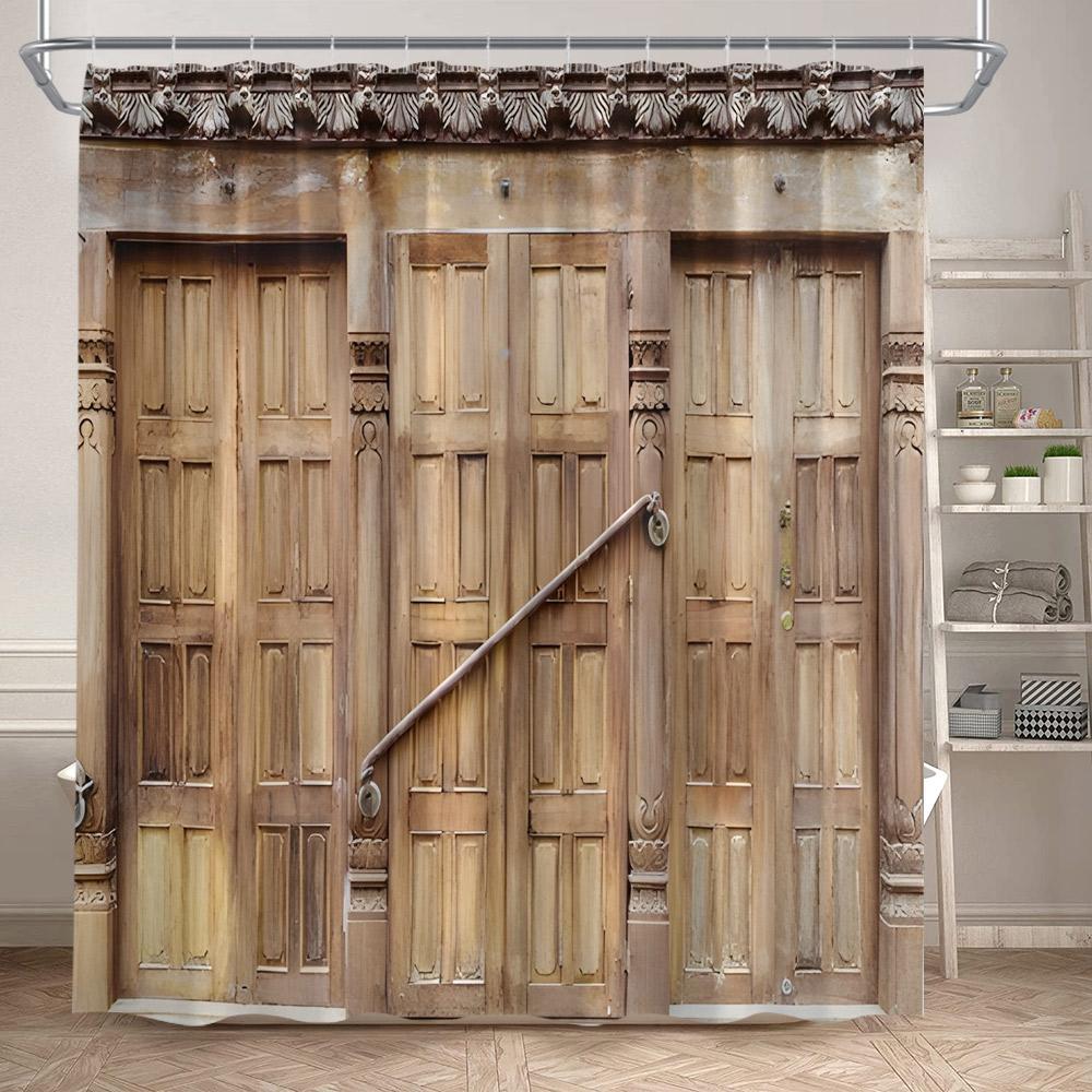 Vintage Bauernscheune Holztür Duschvorhänge Retro Texasstern Braun Weiß Holzbrett Badevorhang Set Polyester Badezimmer Dekor