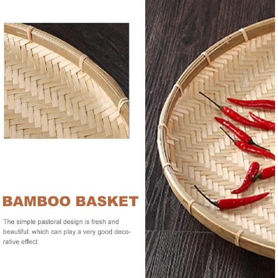 Kichvoe Bamboo Basket Tray Wicker Round Food Bread Basket Fruit Basket Flat Shallow Vegetables Snacks Serving Basket Farmhouse Wall Hanging Decor-