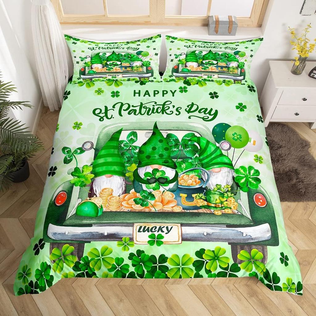 Kids Happy St. Patrick'S Day Duvet Cover Twin Queen Green Clover Comforter Cover With 2 Pillowcases, Colorful Plank Bedding Set