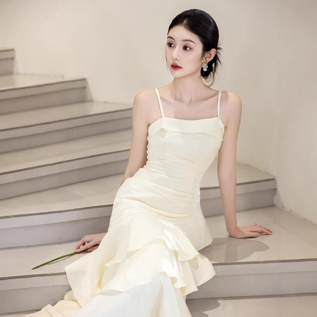 Suspender Evening Dress Women's New Banquet Temperament Slim Engagement Can Usually Wear Champagne Cake Dress