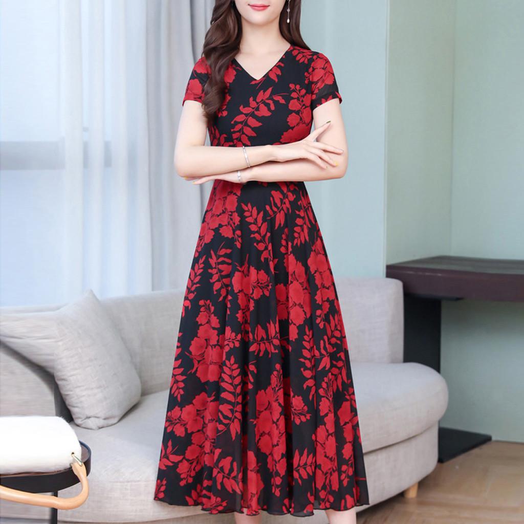 Modisches, lässiges Damen-Kleid mit kurzen Ärmeln und langem Kleid mit Blumenmuster